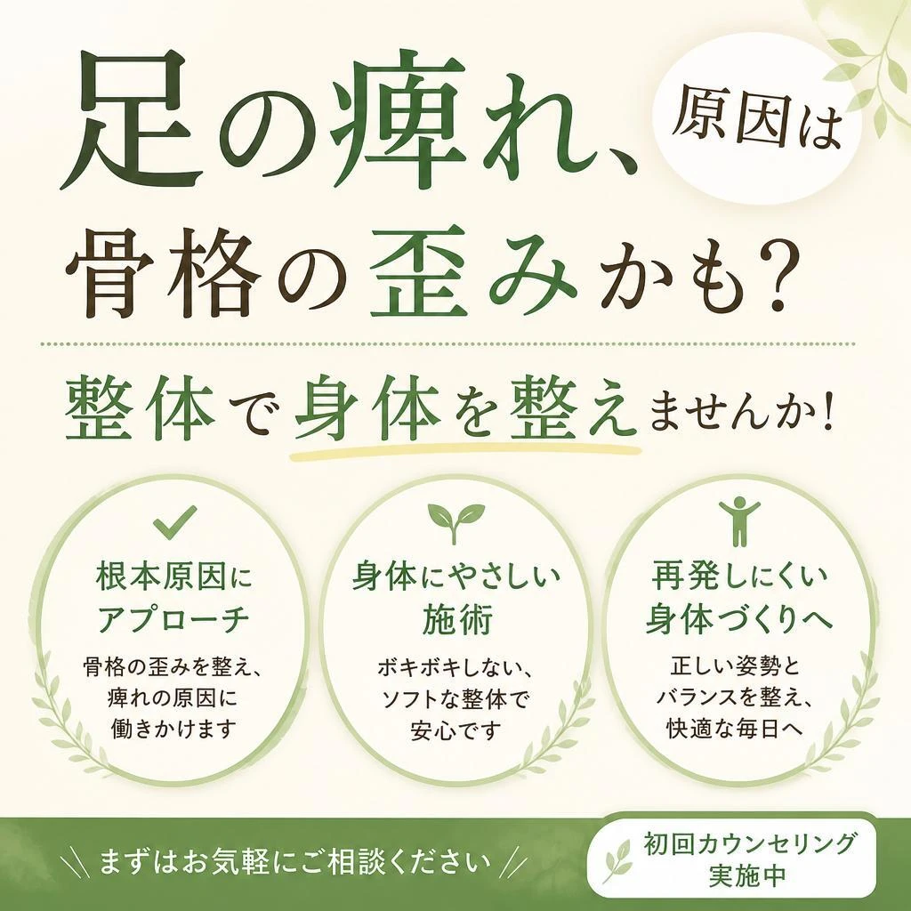 足の痺れ、原因は骨格の歪みかも？整体で身体を整えませんか！